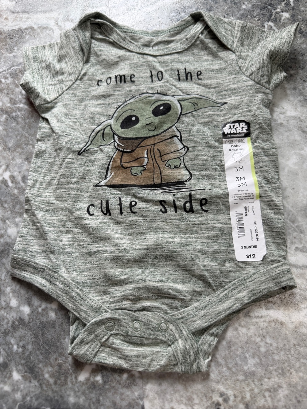 Star Wars Grogu Baby Yoda Bodysuit 3M Okie Dokie NWT Come to Cute Side Green